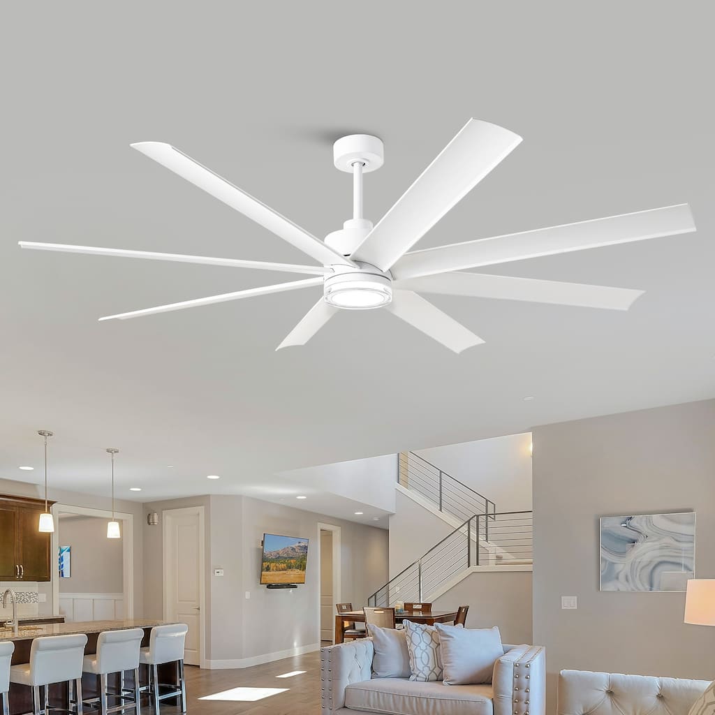72" Modern White Large Smart Ceiling Fan with Light and Remote, App Control, Voice Control