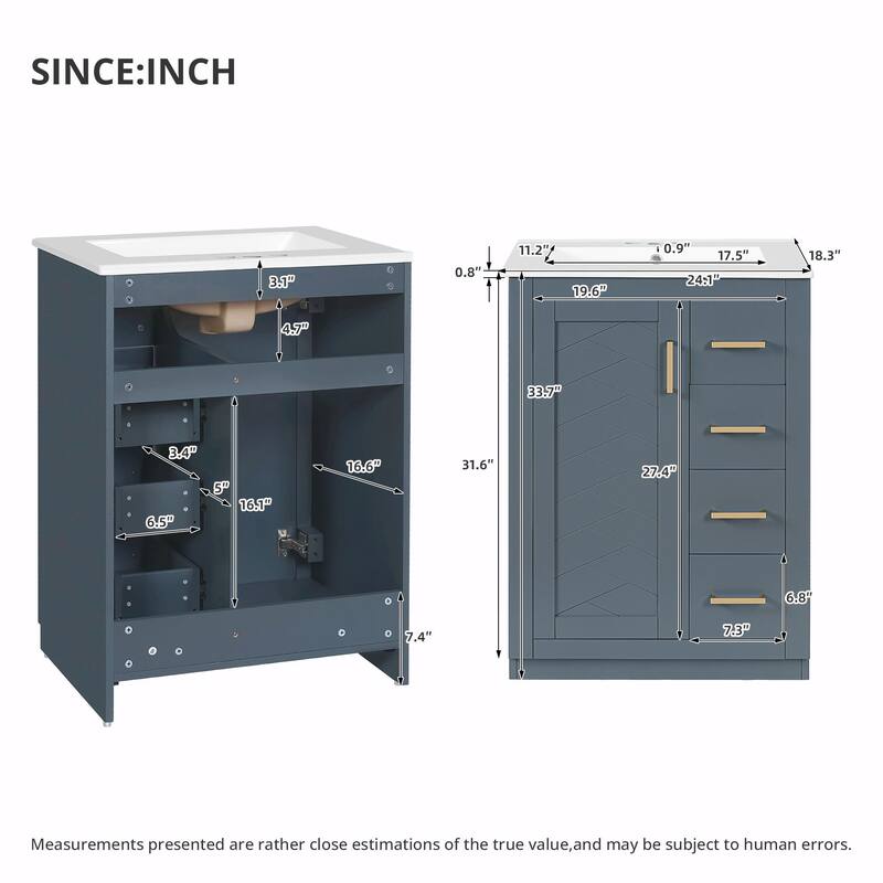 24" Bathroom Vanity with Integrated Ceramic Sink, Cabinet with 1 Door and 3 Drawers