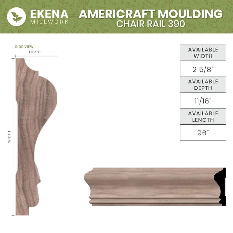 WM390 11/16-in D x 2-5/8-in W x 96-in L Americraft Solid Hardwood Stain Grade Chair Rail Moulding