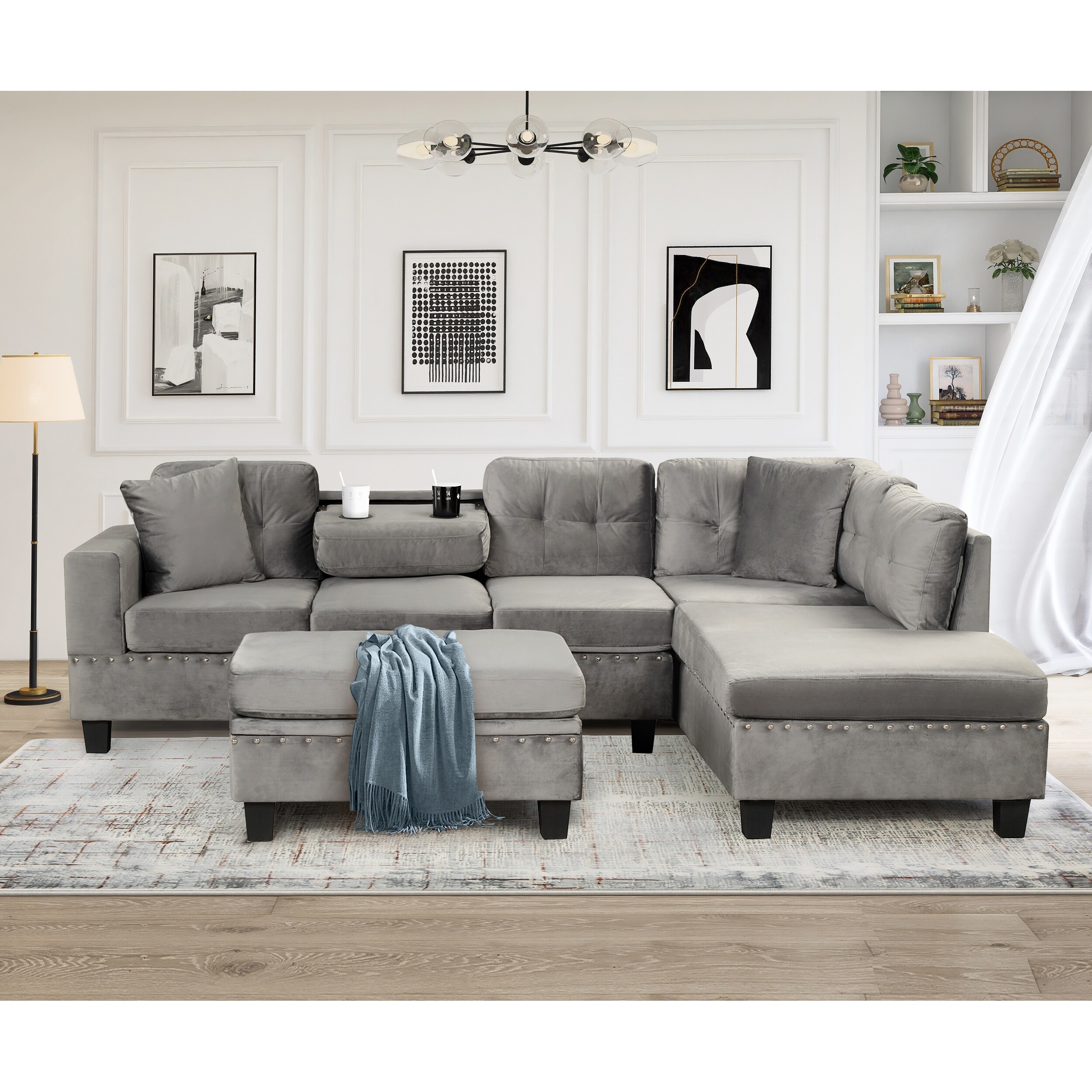 Living Room Sofa Set L shape Velvet Sectional Couch Set Reversible Chaise Sofa with Throw Pillows Cup Holder and Storage