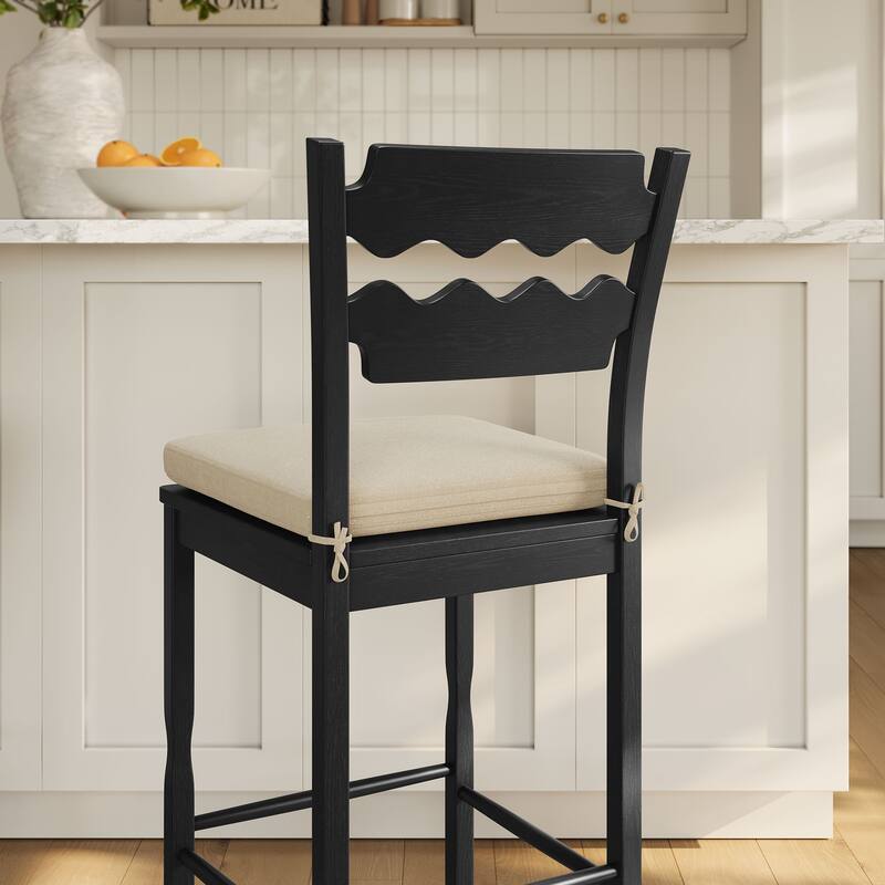 Jax Oak Wood Bar Stool With Wavy Razor Back and Cushion