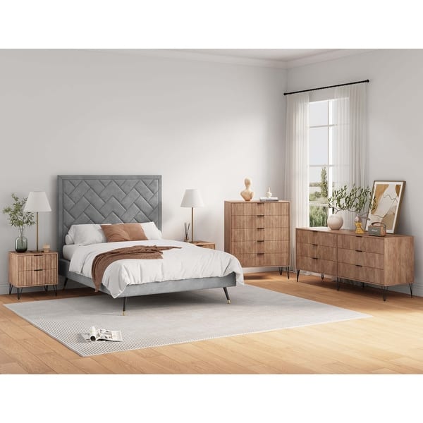 Manhattan Comfort3-Piece DUMBO Modern 5-Drawer Tall Dresser, DUMBO Modern 6-Drawer Double Low Dresser, and DUMBO Modern Nightstand 2.0 in Golden Brown Manhattan Comfort3-Piece DUMBO Modern 5-Drawer Tall Dresser, DUMBO Modern 6-Drawer Double Low Dresser, and DUMBO Modern Nightstand 2.0 in Golden Brown