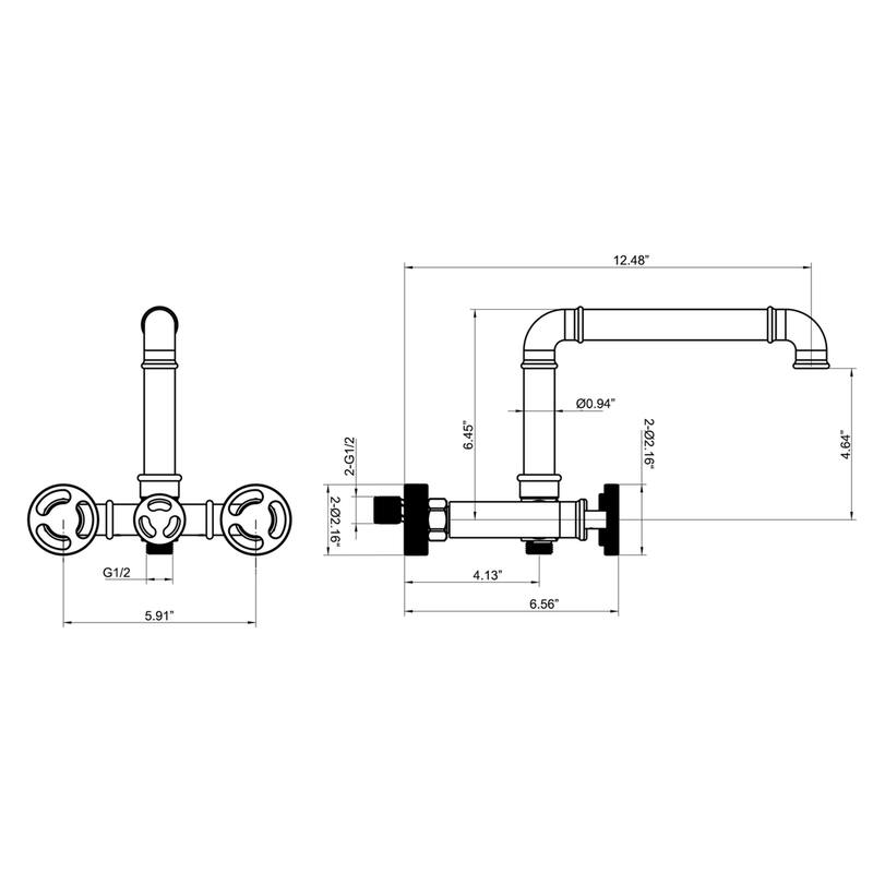 Modland Double Handle Wall-Mounted Bathtub Faucet with Handheld Shower in Black/Gold