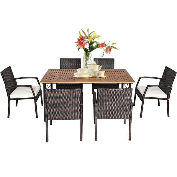 Shop Costway 7pcs Patio Rattan Dining Set Chair Wooden Table Top W Umbrella On Sale Overstock 31685796