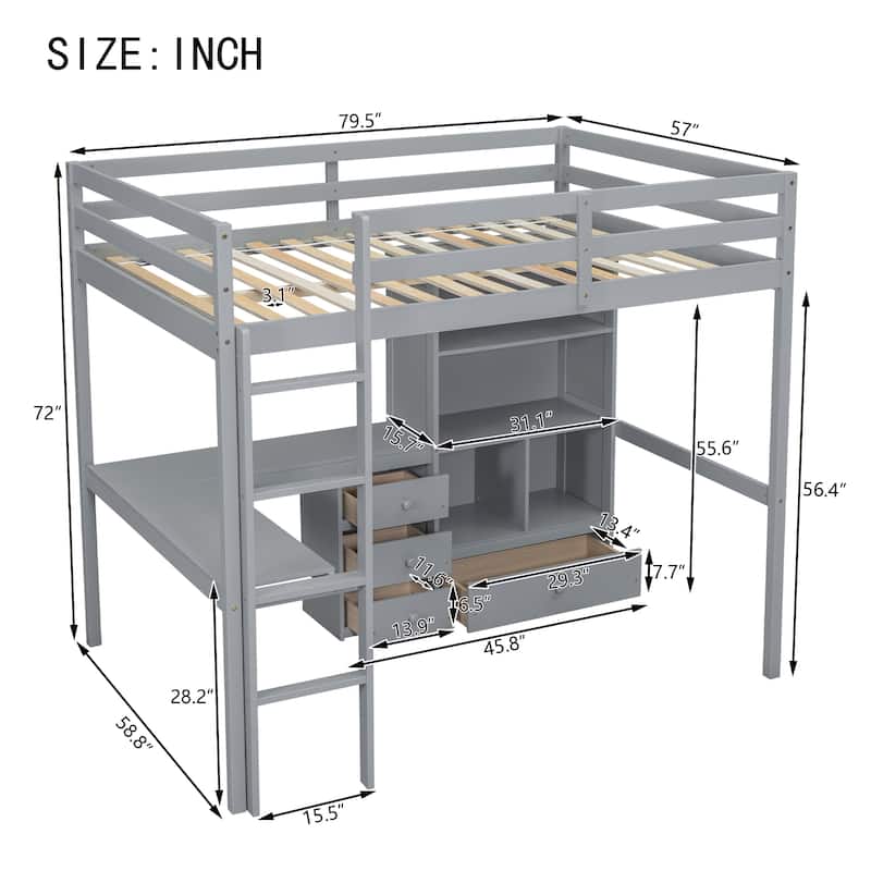 Full Size Loft Wood Bed with Desk, Storage shelves and Drawers, Built-in Ladder, High Loft Bed with Desk