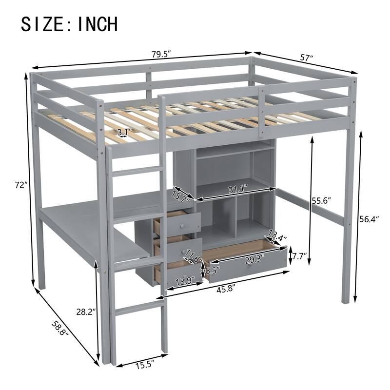 Grey Full Size Wood Loft Bed with Desk, Shelves, and Guardrails