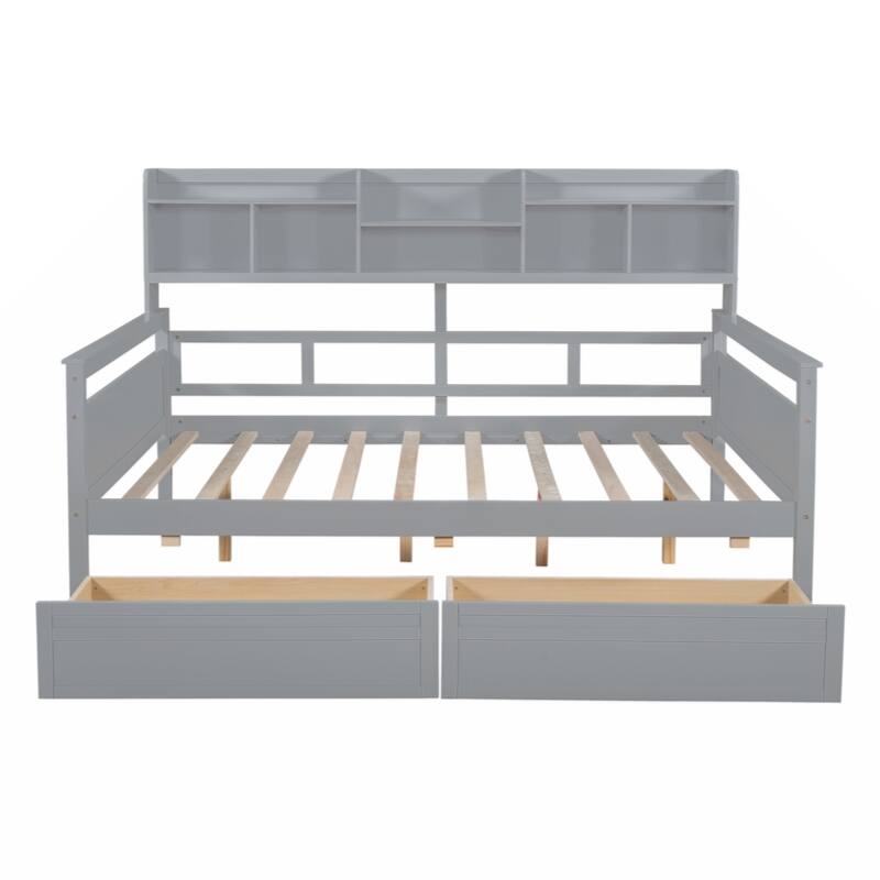 Full size Daybed, Wood Slat Support, with Bedside Shelf and Two Drawers