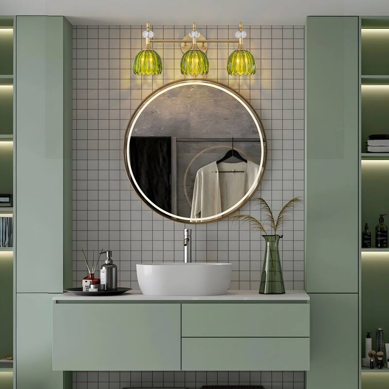 Starsky 3-Light Tulip-Inspired Floral Wall Sconce with Green or Amber Glass Shades, for Bathroom, Bedroom, Hallway