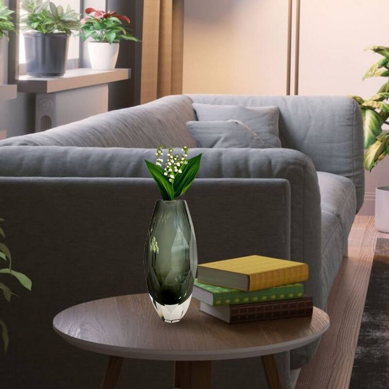 Smoky Gray Cut Glass Vase Art Deco Geometric Design Decor