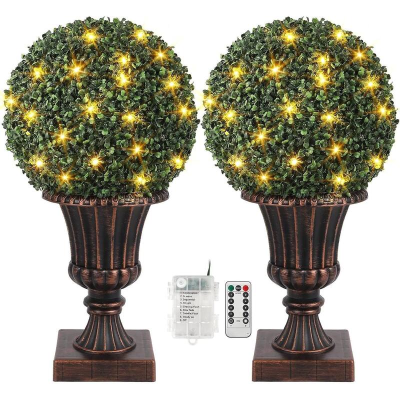 2 pcs Pre-Lit Artificial Plant Topiary Ball for Outdoor Indoor - 27 inch - Green with Dark Gold Base
