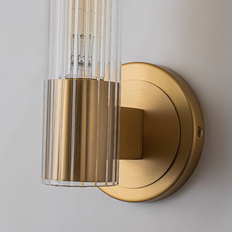 Modern Gold Wall Sconce with Glass Cylinder Shade - Elegant Lighting Fixture for Hallway, Bedroom, or Living Room - W4.3"