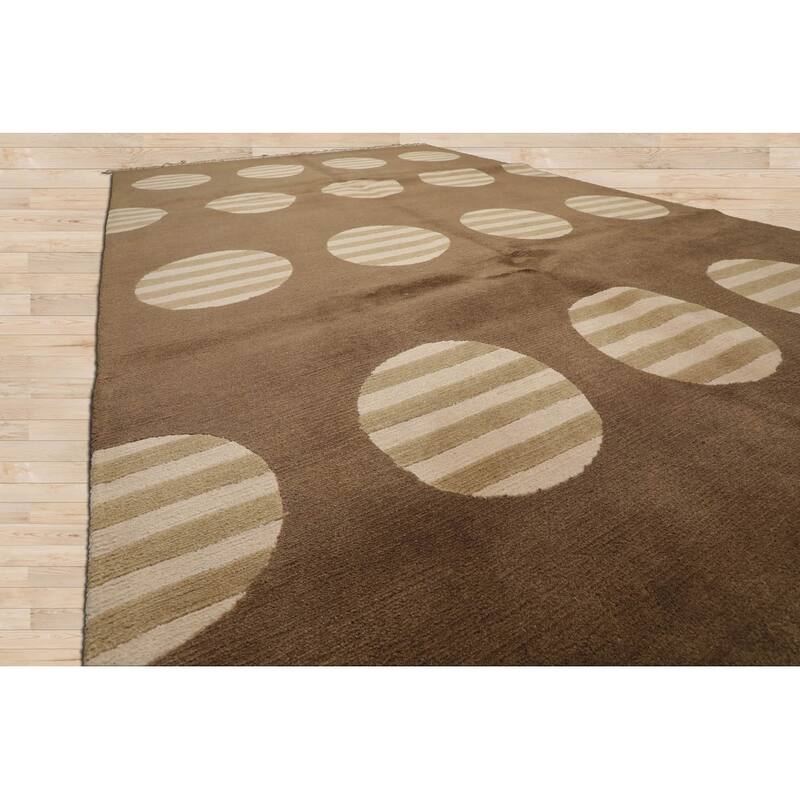 Hand Knotted Tibetan Olive Geometric Wool & Silk Art Deco Area Rug - 5' 11'' x 8' 10''