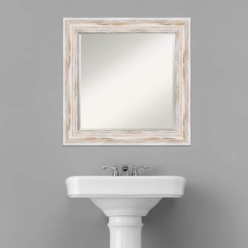 Beveled Wood Bathroom Wall Mirror - Alexandria White Wash Frame - Outer Size: 25 x 25 in