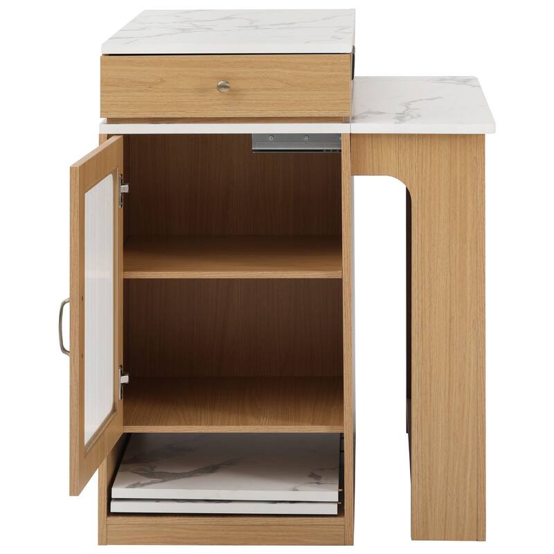 Kitchen Island with Extendable Dining Table, Kitchen Storage Table with 2 Drawers, Power Outlet, Open Shelves, for Diningroom