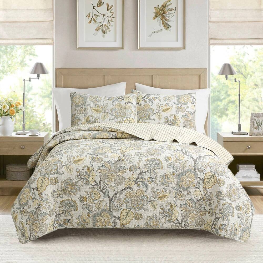 Cozy Line Autumn Floral Foliage Brown Beige Gold Cotton Queen 3 Piece Quilt Bedding Set