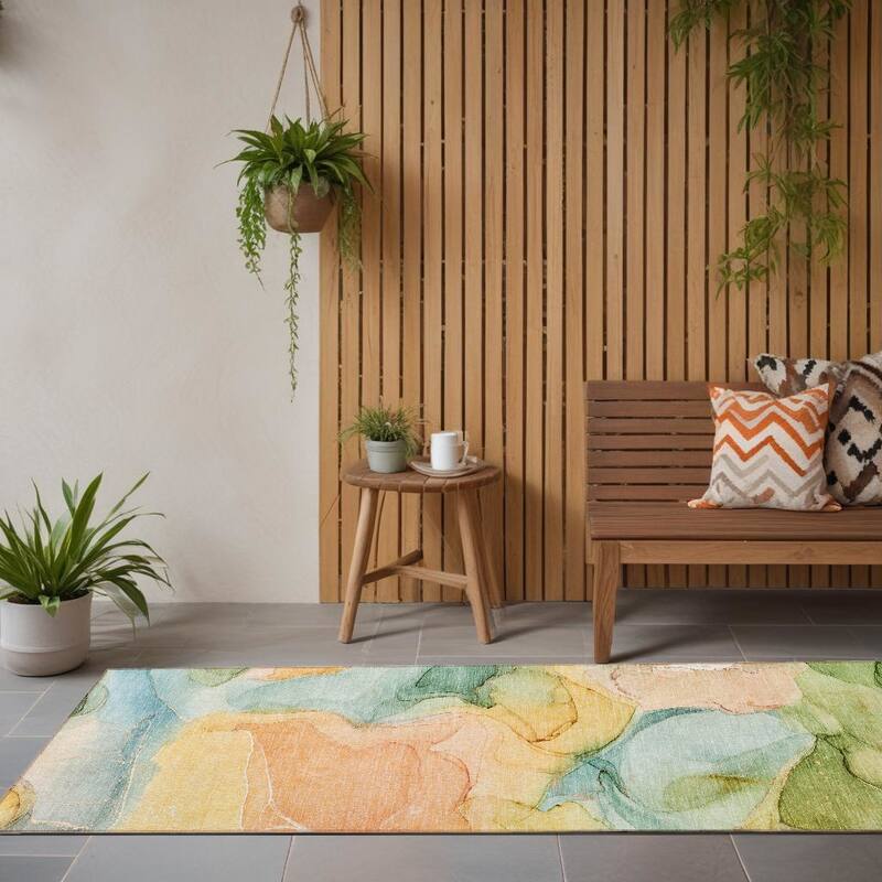 Dava Modern Art-Inspired Weather Resistant Timeless Fusion Outdoor Rug - 8' Runner - Blue
