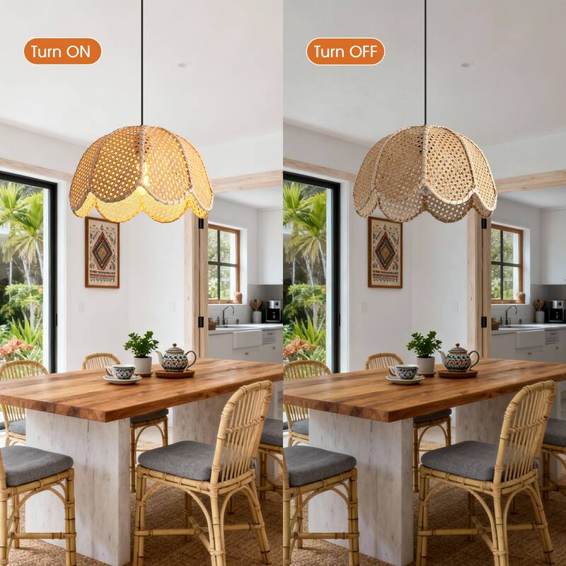 1-Light Farmhouse Flower Shaped Brown Hand-Woven Natural Rattan Hanging Pendant Light - 15.7" W x 55" H