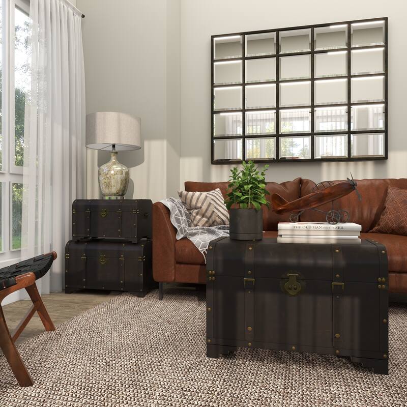 Brown Wooden Nesting Upholstered Decorative Trunk with Vintage Accents and Studs (Set of 3)
