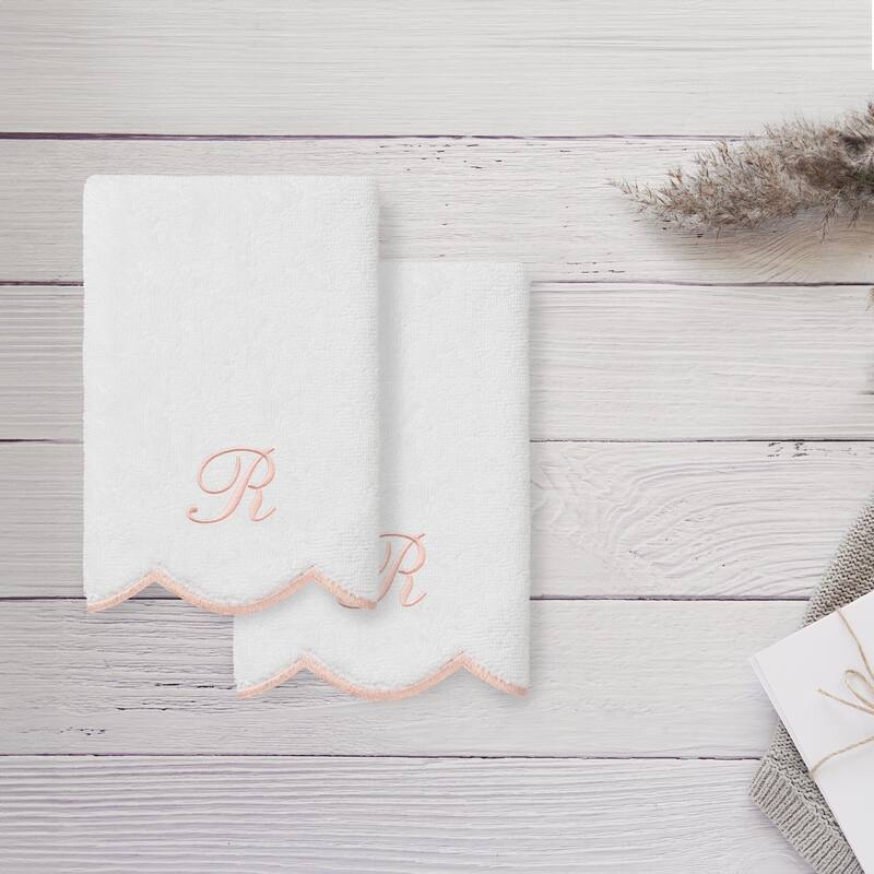 Authentic Hotel and Spa 100% Turkish Cotton Pink ADORNIA Scallop Personalized 2 Piece Fingertip Towel Set - 2 Fingertip Towels