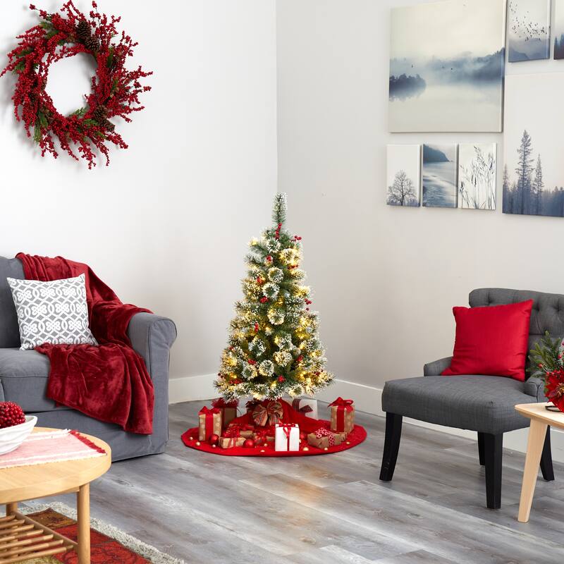 4’ Pre-Lit Frosted Swiss Pine with Berries Artificial Christmas Tree, Clear LED Lights - 4 Foot
