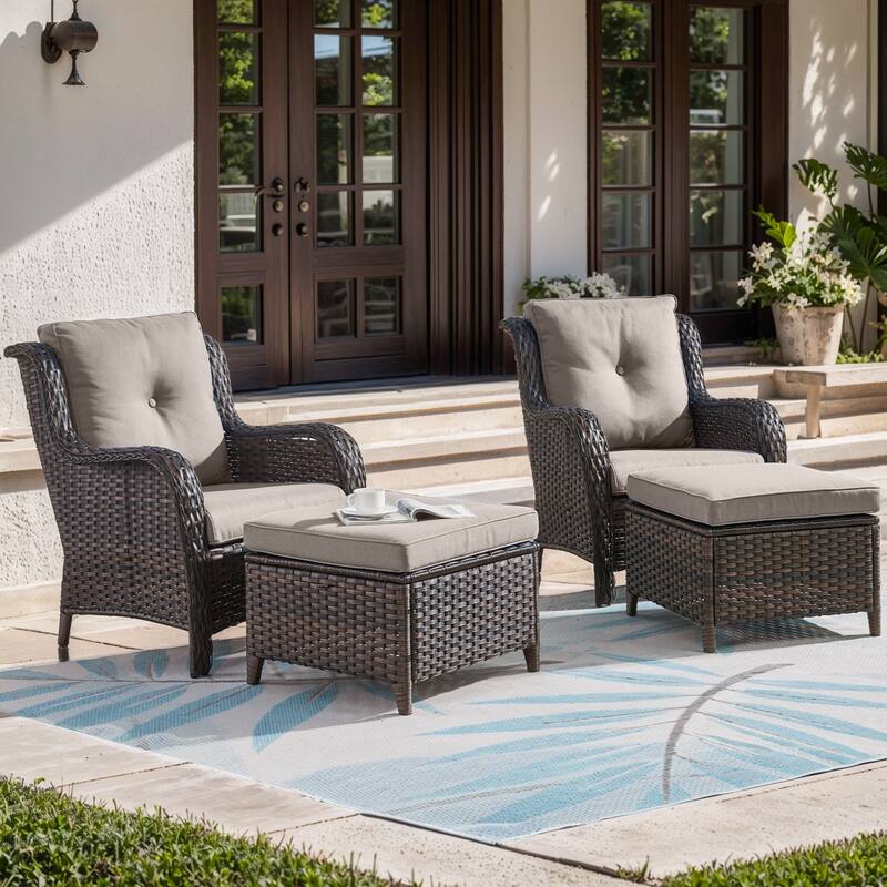 Outdoor Arm Chair with Cushion Rattan Chair - Brown Rattan - Grey Cushion - 4PCS - Patio Chair w/ Ottoman