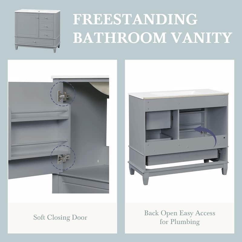36" Bathroom Vanity with Ceramic Sink, MDF & Solid Wood Base, 3 Drawers and Cabinet with Shelves