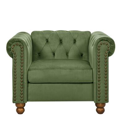 Green 31.89'' Velvet 1-Seater Couch with Tufted Design, Button-Tufted Backrest, Scrolled Arms, and Turned Legs
