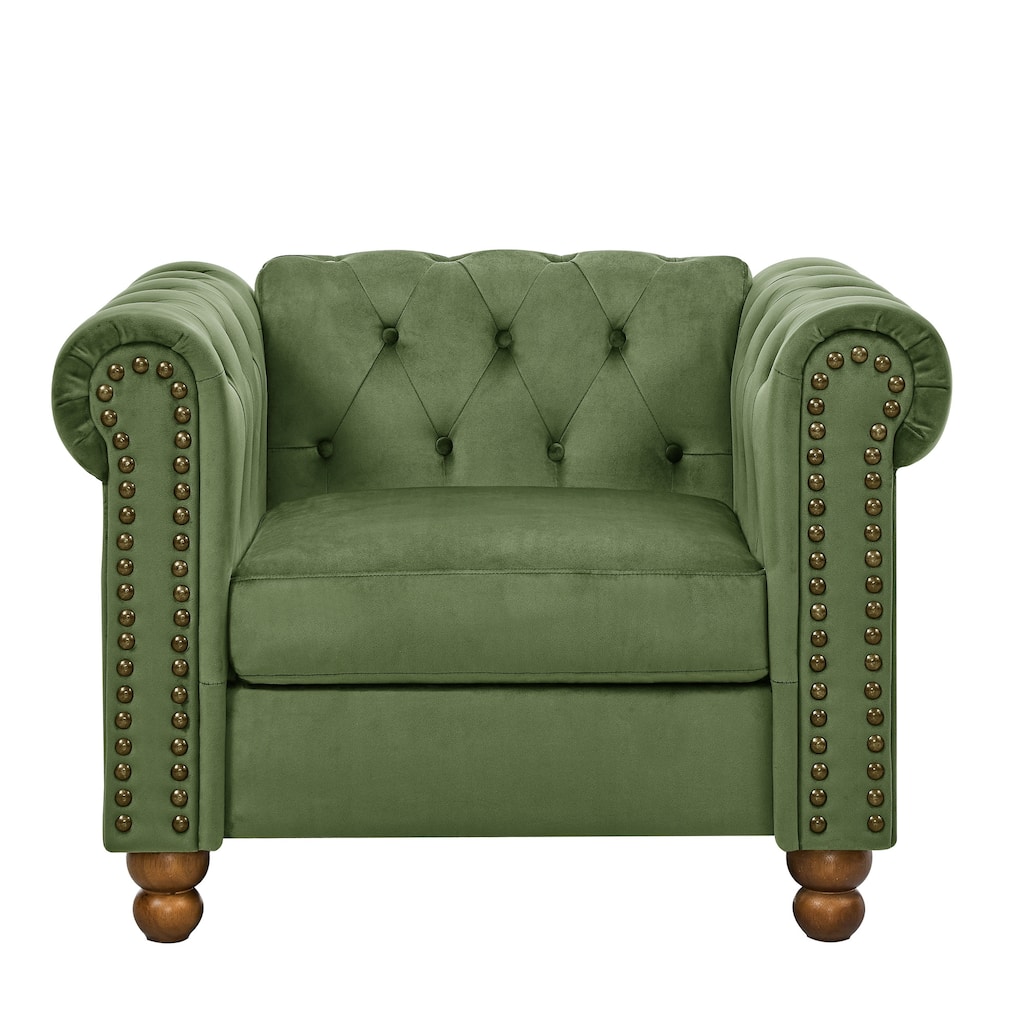 Green 31.89'' Velvet 1-Seater Couch with Tufted Design, Scrolled Arms, and Turned Legs