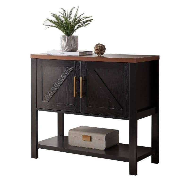 Modern 2 Drawer Wooden Storage Console Table - 35.5 inches W x 15.5 inches D x 32 inches H - Black/Walnut