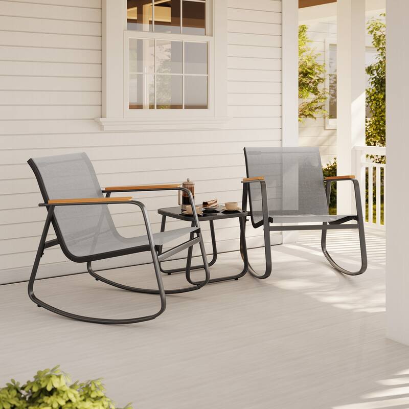 3 Piece Rocking Bistro Set, Textilene Fabric Patio Furniture Set, Front Porch Rocker Chairs - Grey