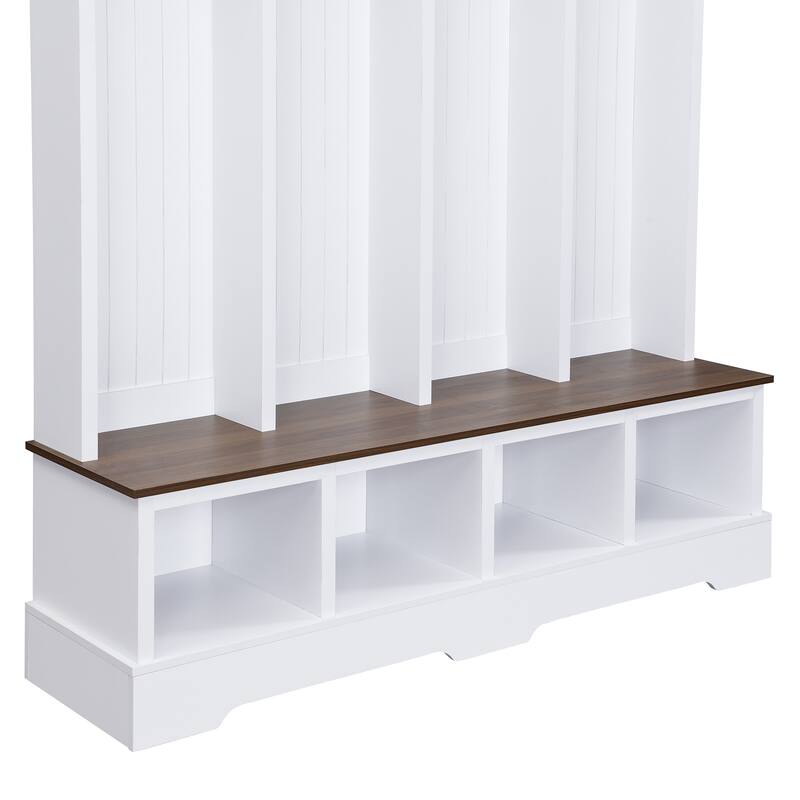 Farmhouse 59"W Wide Hall Tree with 8 Hooks, Practical Entryway Bench with Open Compartments