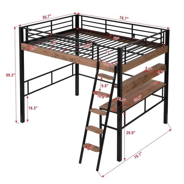 dimension image slide 0 of 2, Metal Twin/Full Size Loft Bed with Built-in Desk, Storage Shelf and Ladder, Black