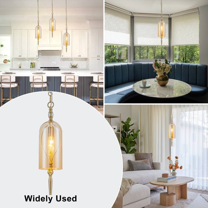 Vintage Gold Mini Pendant Light with Amber Glass Shade Fixture - Dia.4.72-in
