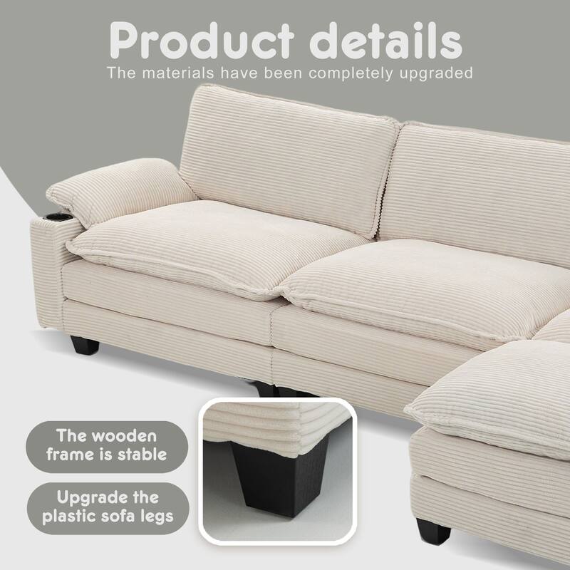 L-Shaped Modular Sectional Sofa with Ottoman, Oversized Corduroy Upholstered Cloud Couch with Cup Holders & Side Pockets