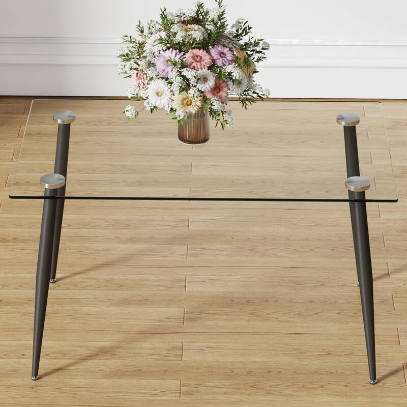 Modern rectangular glass dining table, equipped with tempered glass tabletop and metal legs, writing desk