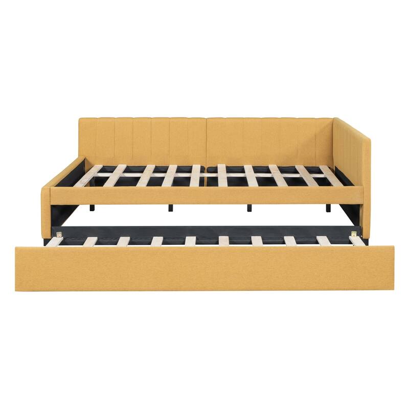 Full Size Linen Upholstered Daybed with Twin Trundle, Sturdy MDF Frame, No Box Spring Required, Perfect for Guests