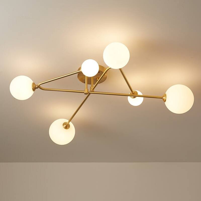 Modern 6-Light Crossing Arm Frosted Glass Globe Semi-flush Mount - Brass