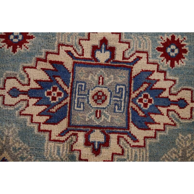 Light Blue Traditional / Geometric Kazak Rug Hand-Knotted Wool Carpet - 5'0" x 6'7"