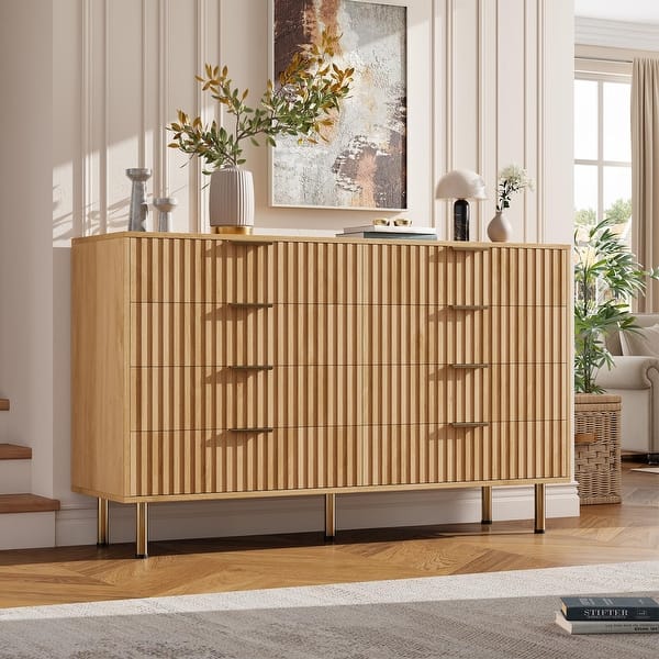 modern fluted dresser Fluted Dresser For Bedroom With 8 Drawers, 55" Wide Modern Chest Of Drawers With Metal Handle Ebern Designs Color: Brown
