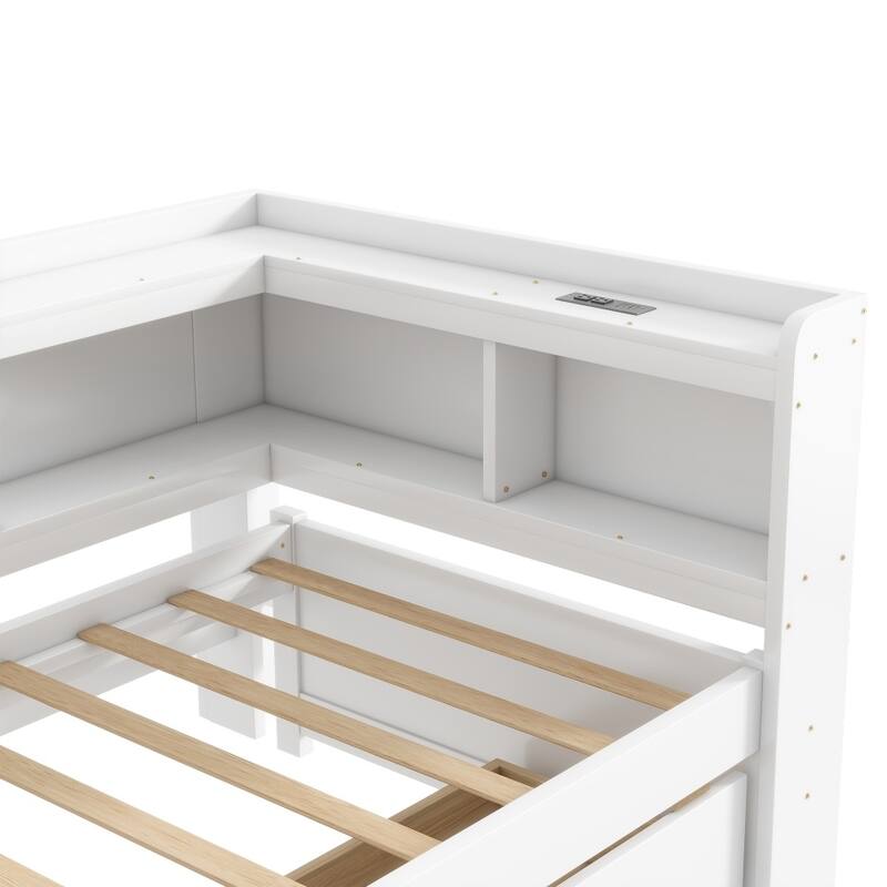 Twin Size L-shaped Bookcases Bed with Power Outlets, USB Charging Ports and Two Drawers