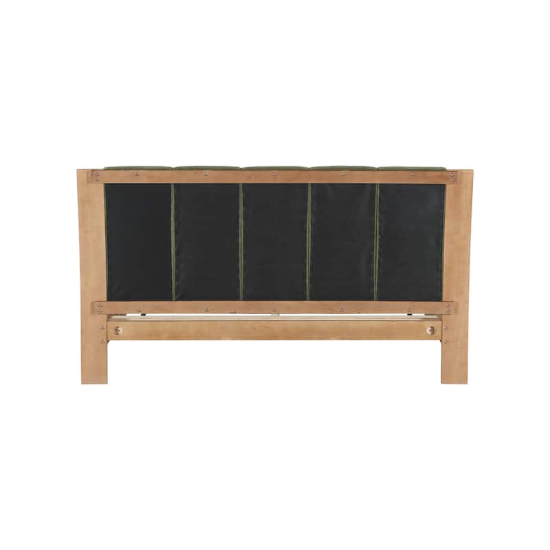 Pine Wood Bed Frame Mid Century Modern Platform Bed with Green Upholstered Headboard, Wood Slat Support Low Profile Wingback Bed