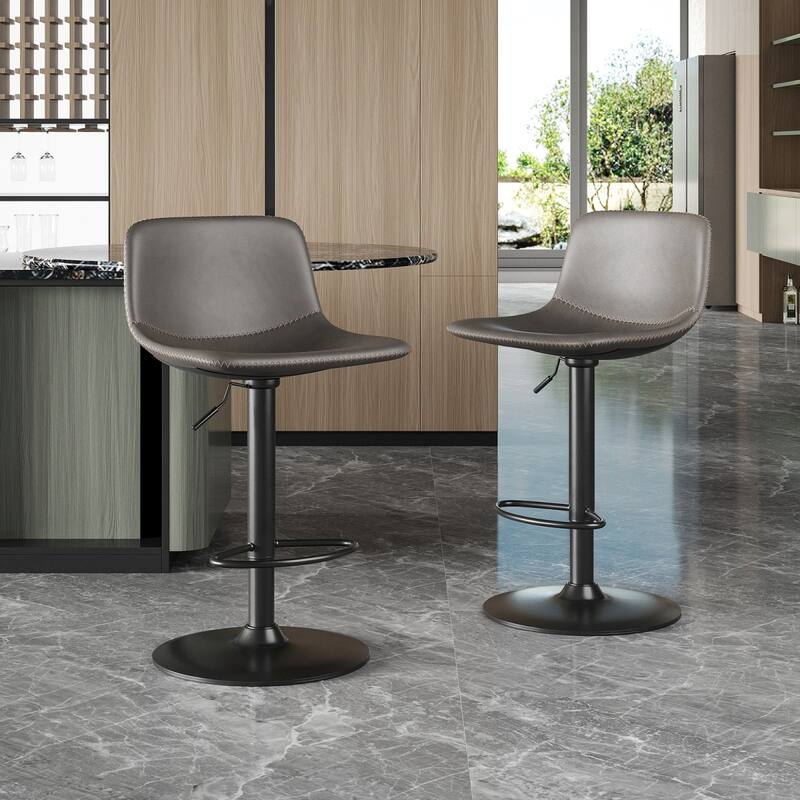 Mid-Century Modern Faux Leather Swivel Adjustable Bar Stools Set of 2 - Grey
