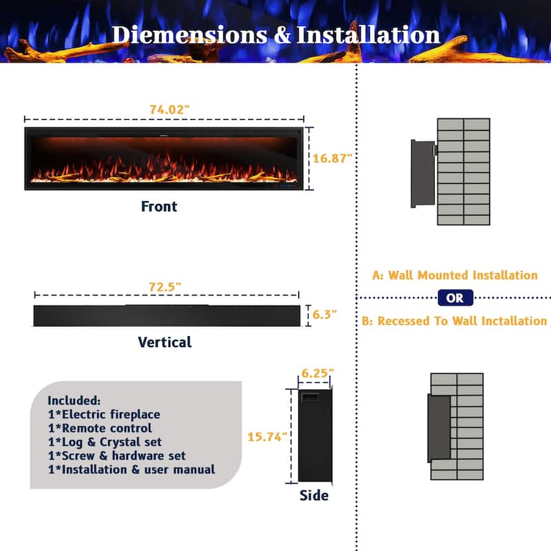 Clihome 42-88" Recessed Wall-Mounted Control Electric Fireplace - 74 in.