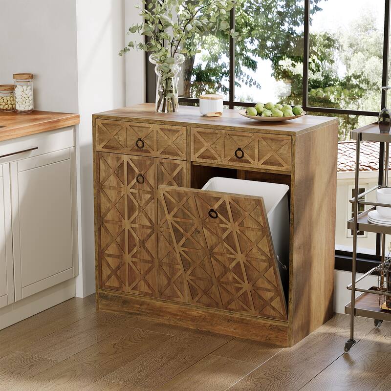 Kitchen Wooden Double Tilt Out Trash Can Cabinet with 2-drawer - Rustic Brown