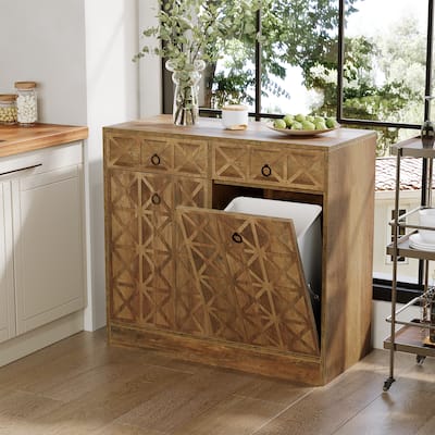 Kitchen Wooden Double Tilt Out Trash Can Cabinet with 2-drawer