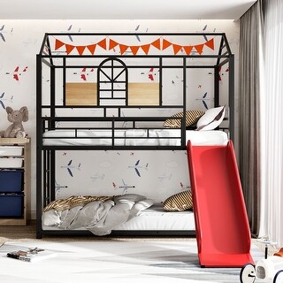 House Shape Design Metal Bunk Bed with Roof and Slide for Extra Fun, Sturdy Frame, Red Slide