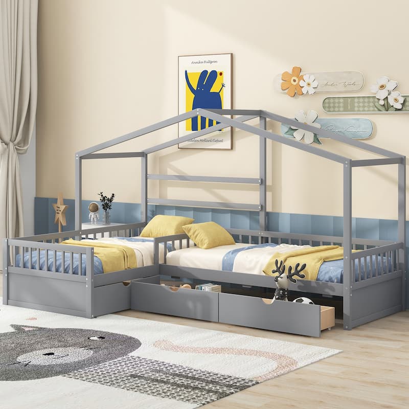 House Platform Bed with Three Storage Drawers - Grey