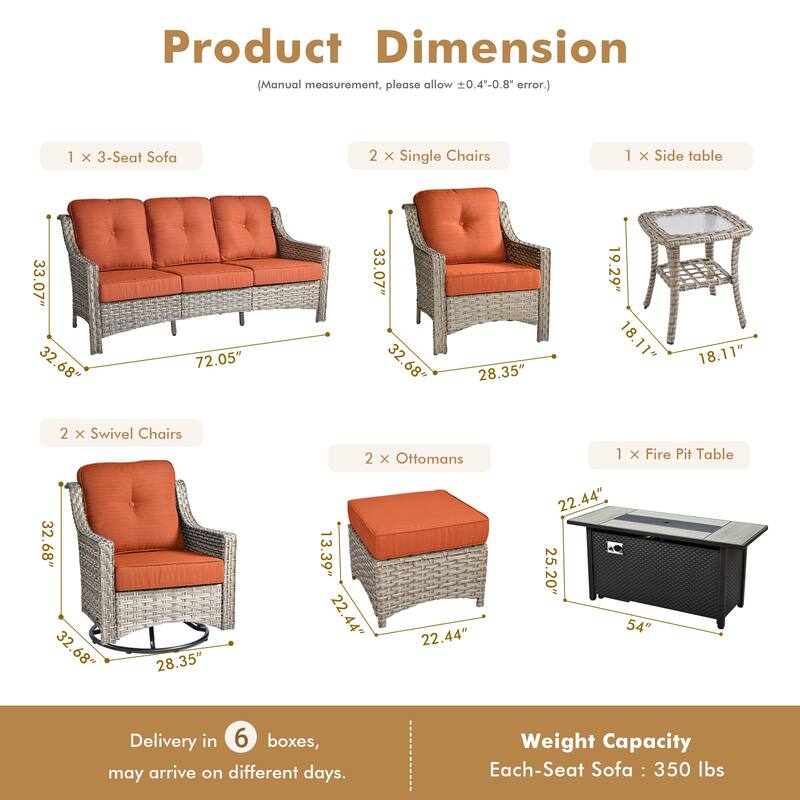 HOOOWOOO 9-piece Rattan Outdoor High Backrest Swivel Chair Set with 54"Fire Pit