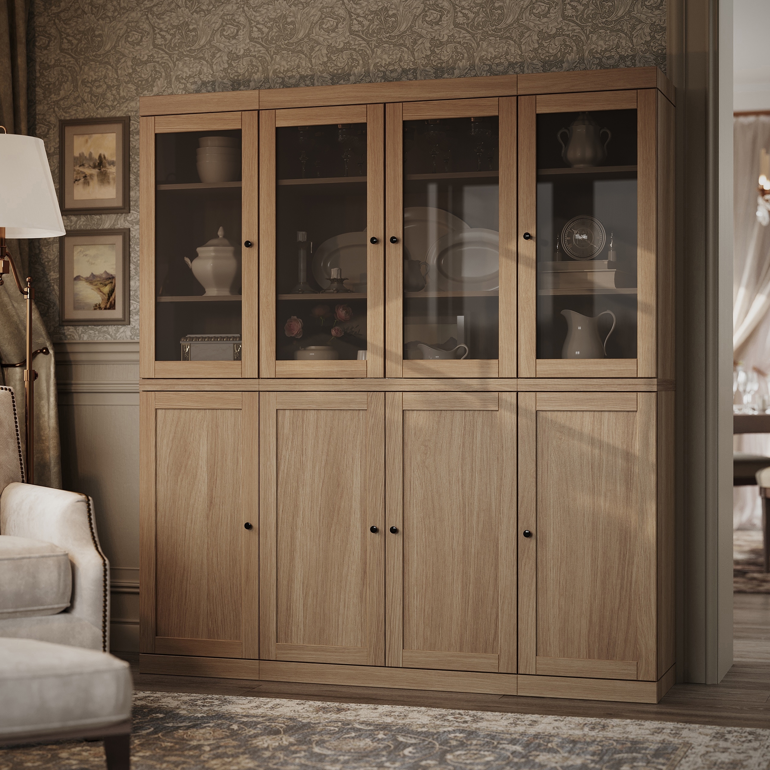 Palace Imports Premium Solid European Oak Tall Shaker & Tinted Glass China Cabinet, 64" W x 71.5" H