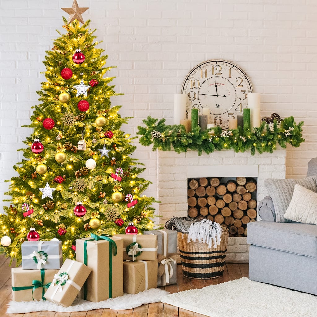 Gymax 6.5FT Pre-lit Pine Christmas Tree Snow Flocked Decoration Tree - See Details